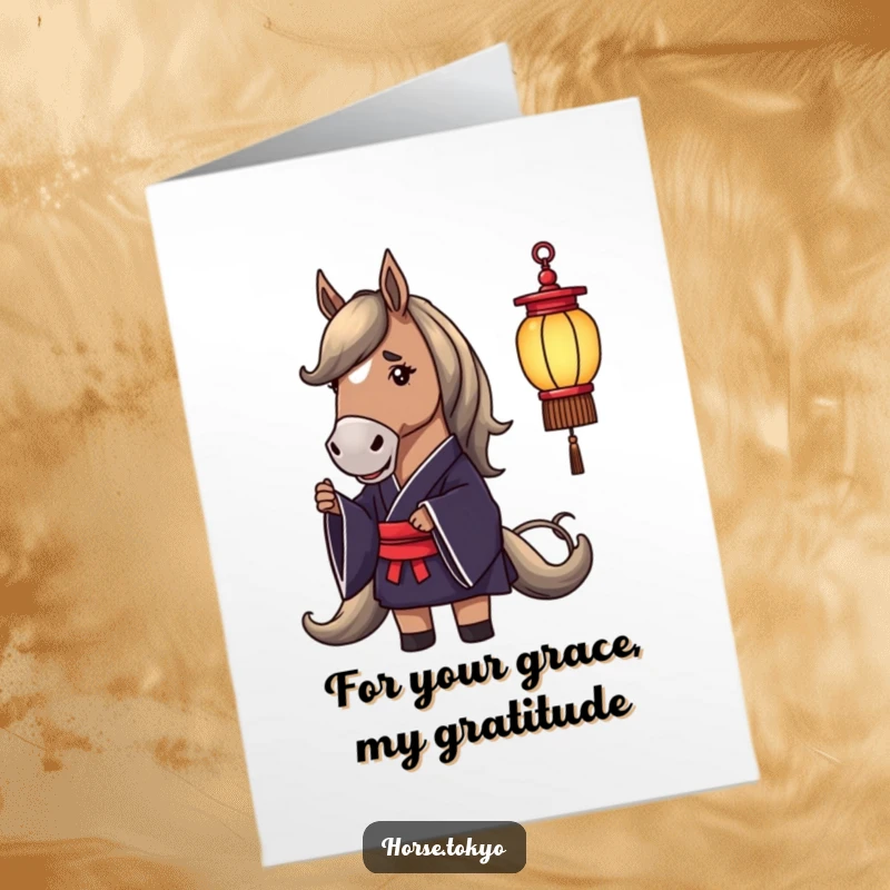 Funny Free Printable Horse Thank You Card: A dignified horse in a kimono holding a lantern, offering thanks with a humorous, elegant flair.