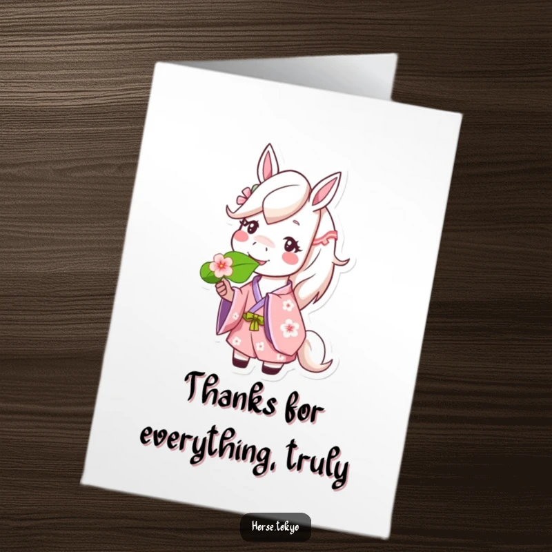 Free Printable Thank You Card featuring a happy horse in a cherry blossom kimono, expressing thanks with a leaf snack.