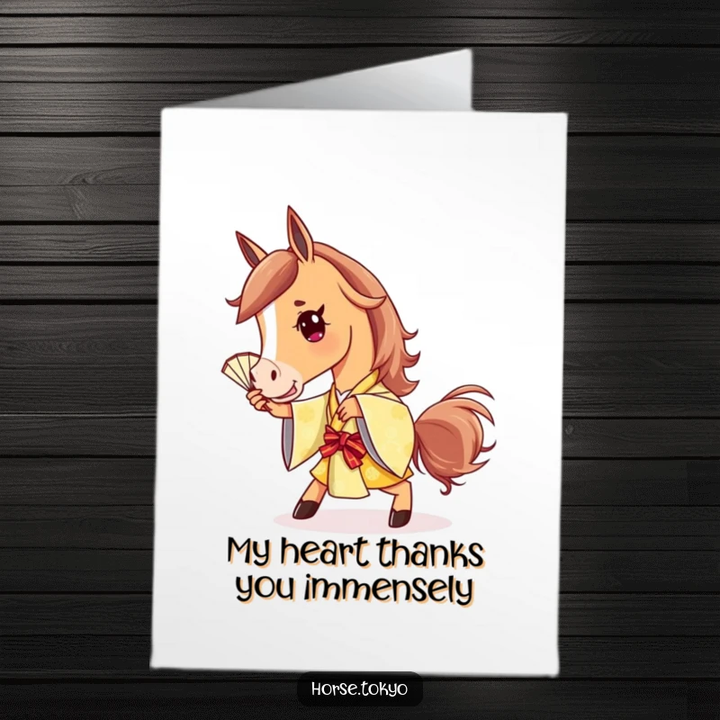 Free Printable Thank You Card featuring a stylish horse in a golden kimono striking a pose with a fan.