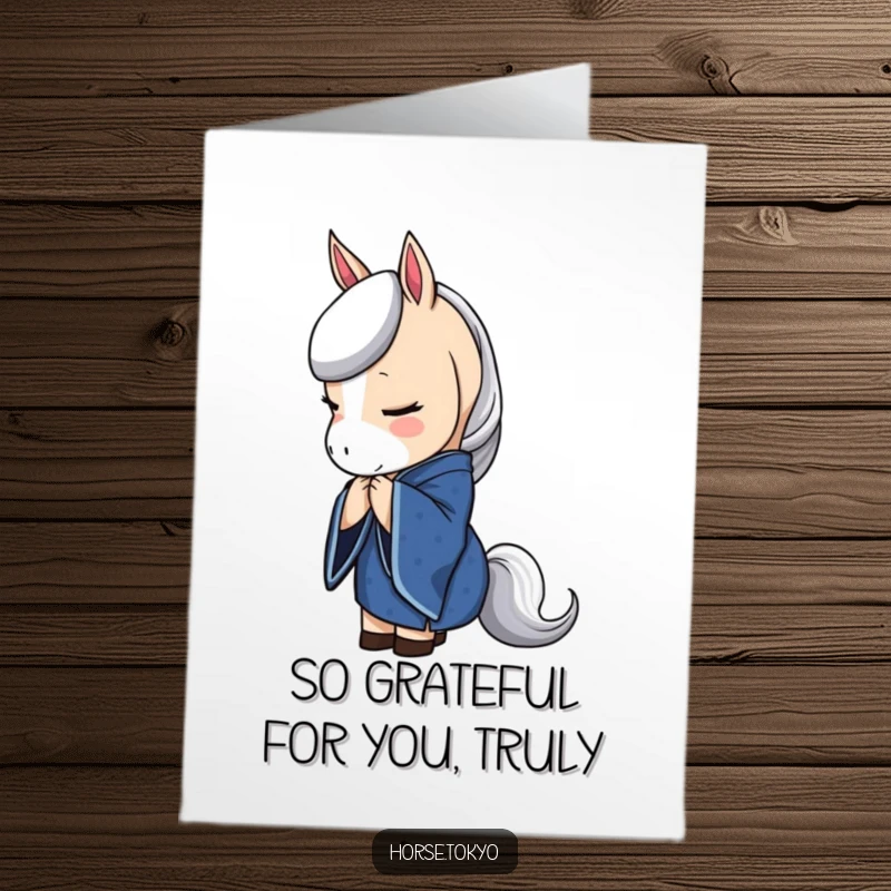 Free Printable Thank You Card featuring a graceful horse in a deep blue kimono bowing elegantly in thanks.