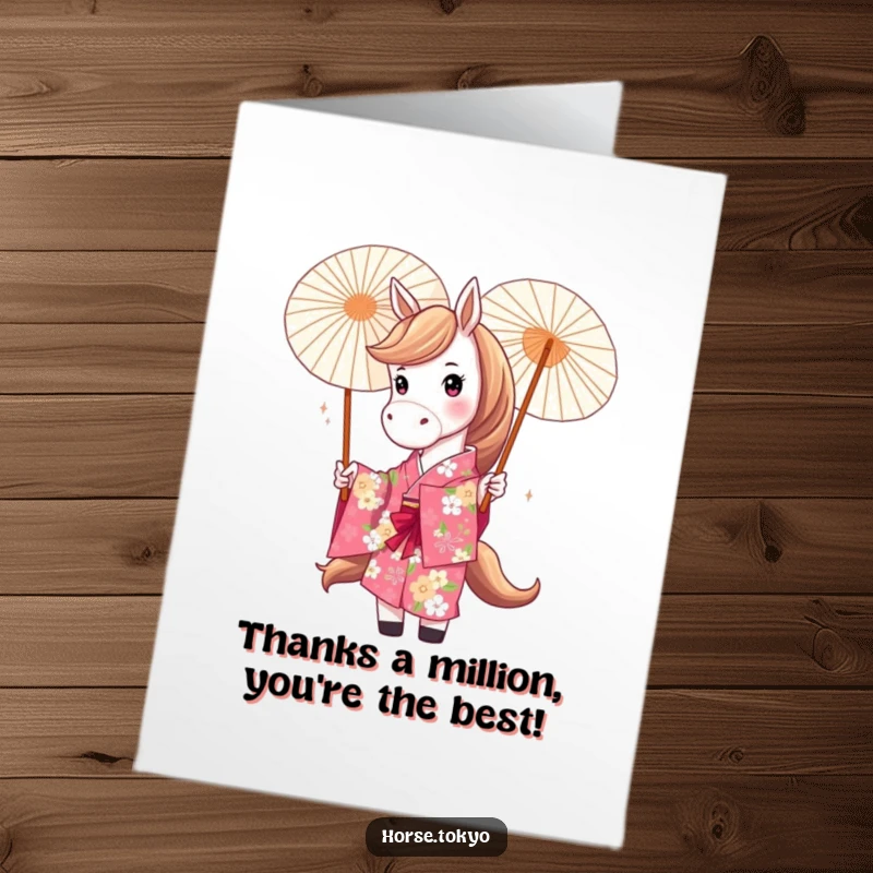 Funny Free Printable Thank You Card with a playful horse in a floral kimono twirling a parasol, sending thanks.