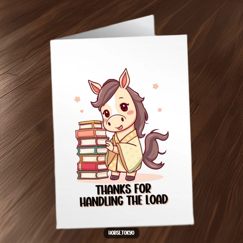 Funny Free Printable Thank You Card: Mischievous horse in a patterned kimono attempts to balance a large stack of books.