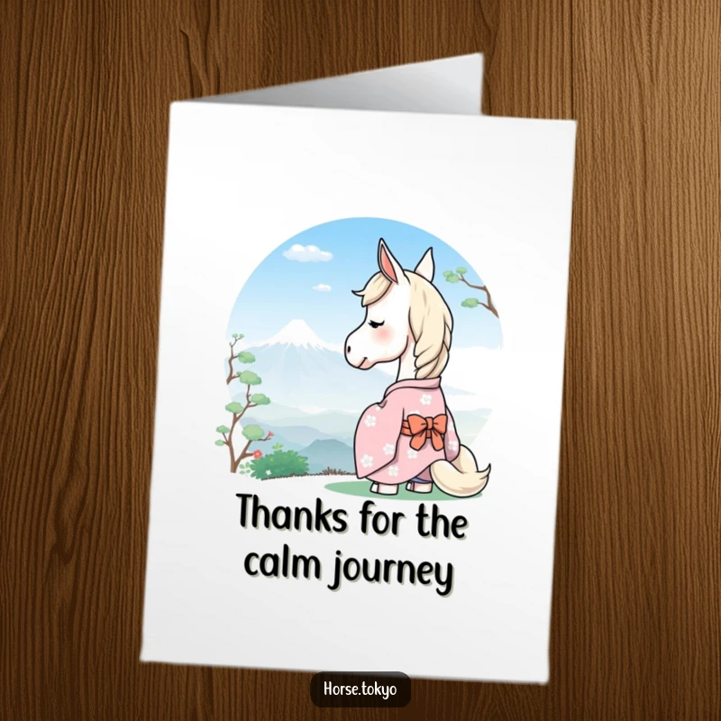 Free Printable Thank You Card: Serene horse in a pastel kimono gazes thoughtfully at a distant mountain.