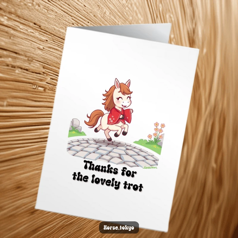 Funny Free Printable Thank You Card: A joyful horse wearing a red kimono prances happily on a cobblestone path.
