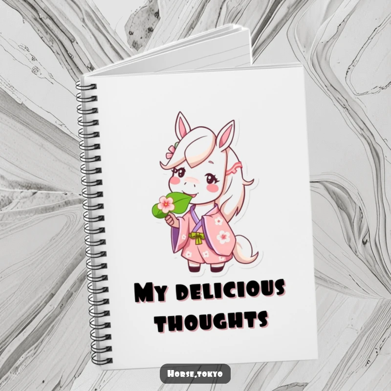 Funny happy horse character in a cherry blossom kimono, munching a leaf, on a notebook cover for joyful notes.