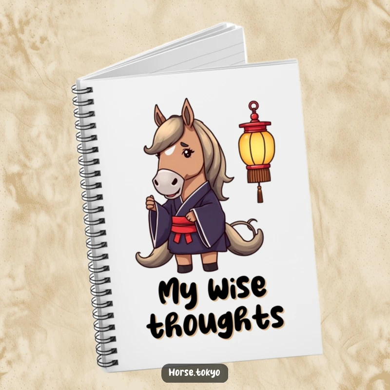 Funny notebook with a dignified horse in a dark silk kimono holding a delicate lantern, ideal for journaling.