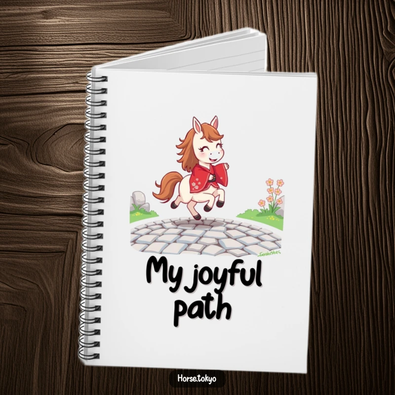 Funny joyful horse in a red kimono, prancing on a cobblestone path, on the cover of an elegant notebook.