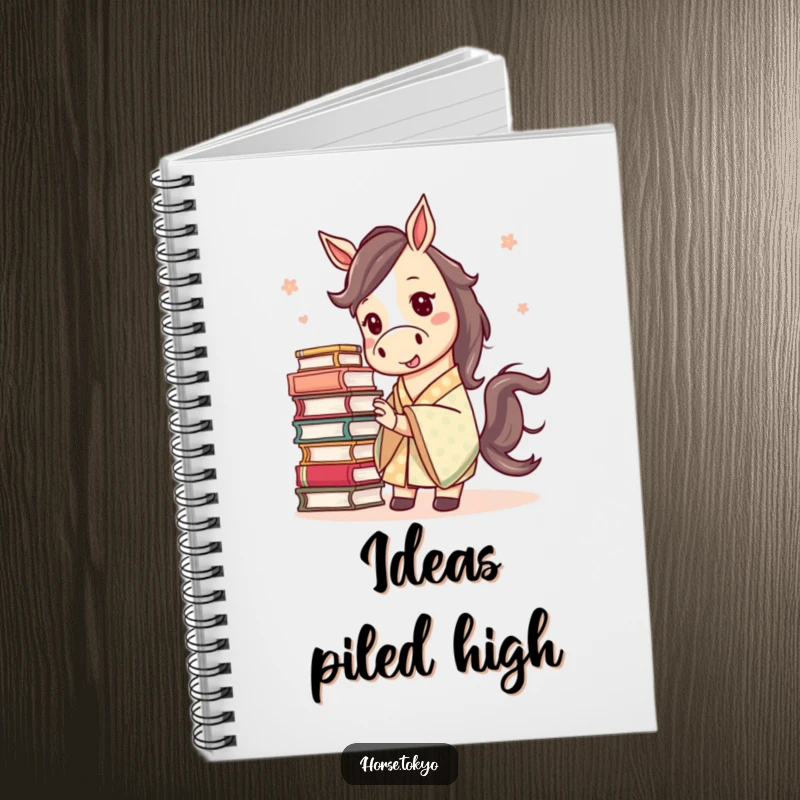 Funny mischievous horse in a patterned kimono, balancing a stack of books, on the cover of an amusing notebook.