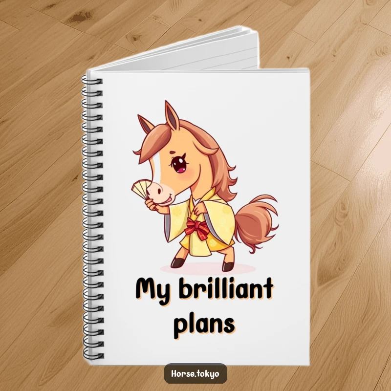 Funny stylish horse character in a golden kimono, striking a playful pose with a fan, on a notebook cover.