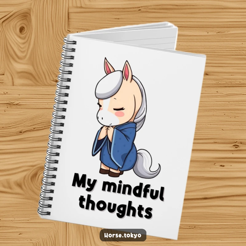 Funny horse character in a deep blue kimono, bowing elegantly, on a notebook cover for graceful note-taking.