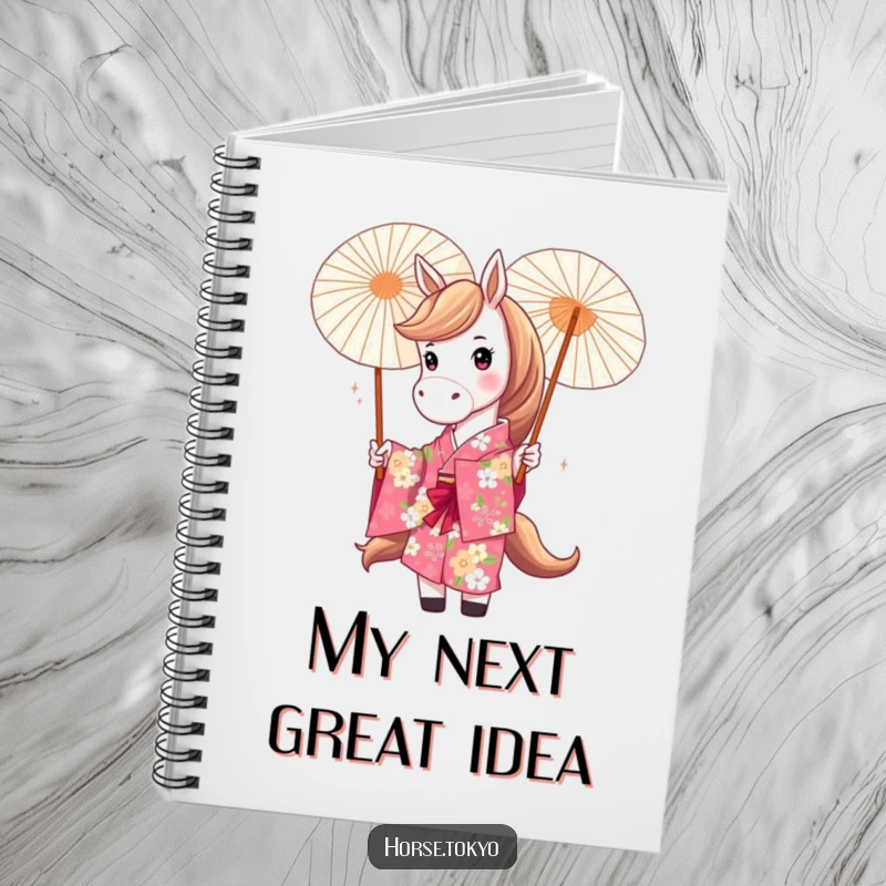 Funny floral kimono horse character playfully twirling a parasol on a notebook cover, for jotting down fun ideas.