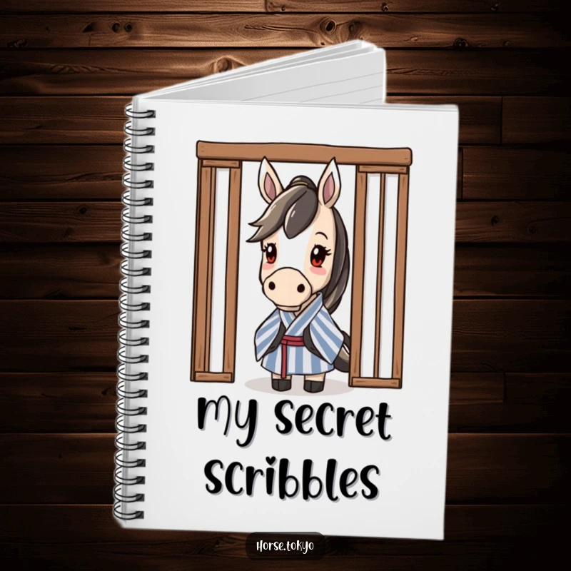 Funny curious horse character in a striped kimono, peeking from behind a sliding door, on a notebook cover.