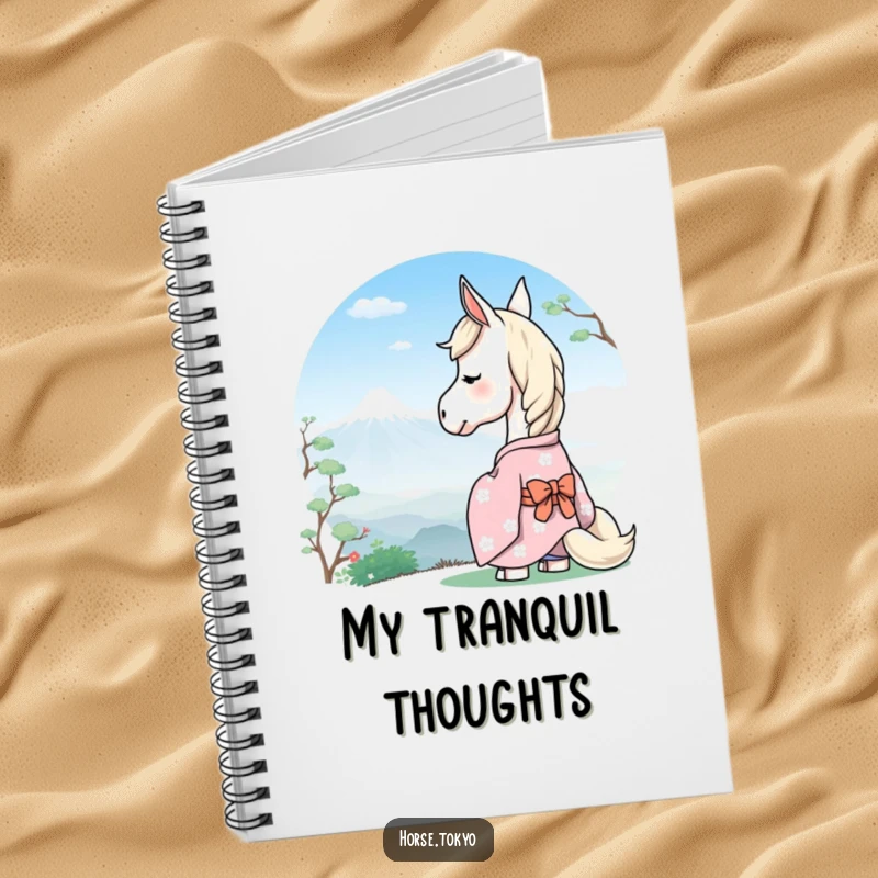 Funny serene horse in a pastel kimono, gazing at a distant mountain, on the cover of a peaceful notebook.