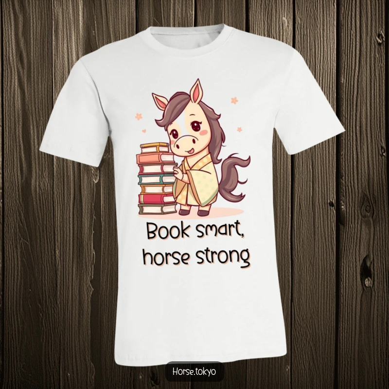 Funny mischievous horse in a patterned kimono, trying to balance a stack of books, printed on a comfortable t-shirt.