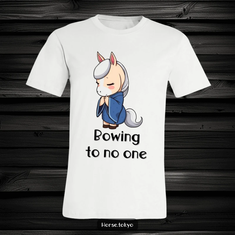 Funny horse wearing a deep blue kimono, bowing elegantly, conveying a sense of refined composure and gentle spirit.