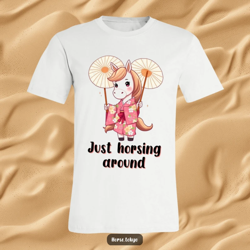 Funny horse wearing a vibrant floral kimono, playfully twirling a parasol, exuding joy and a whimsical, stylish spirit.