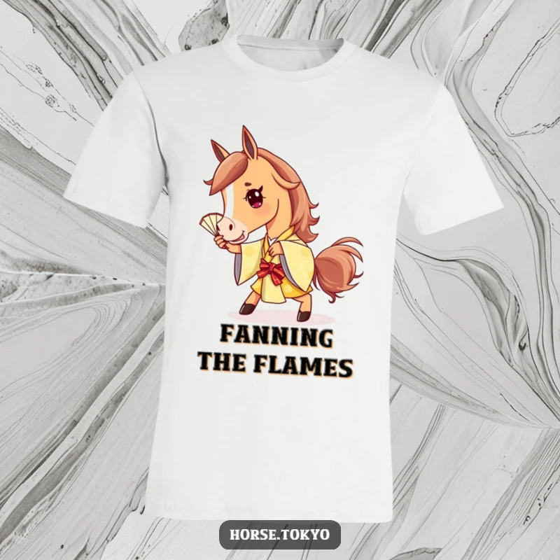 Funny horse wearing a golden kimono, striking a playful pose with a fan, showcasing impeccable style and a fun attitude.