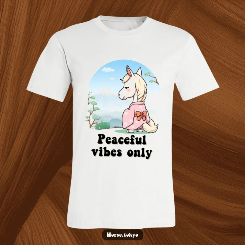 Funny serene horse in a pastel kimono, gazing at a distant mountain, printed on a comfortable t-shirt.