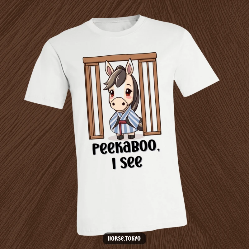 Funny horse wearing a striped kimono, curiously peeking from behind a sliding door, conveying a sense of playful observation.