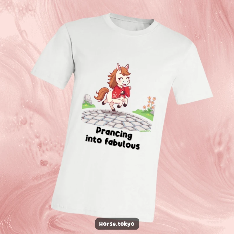 Funny joyful horse in a red kimono, prancing gracefully on a cobblestone path, printed on a comfortable t-shirt.