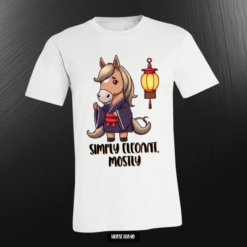 Funny T-shirt art of a dignified horse in a dark silk kimono holding a delicate lantern with a calm demeanor.
