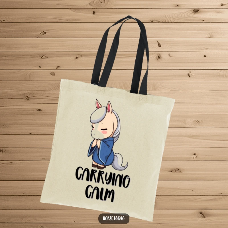 Funny horse tote bag with a character in a deep blue kimono bowing elegantly, embodying grace and style.