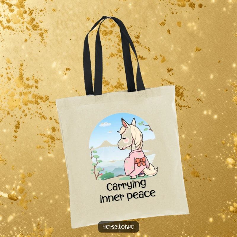 Funny serene horse in a pastel kimono, gazing at a distant mountain, on a durable tote bag.