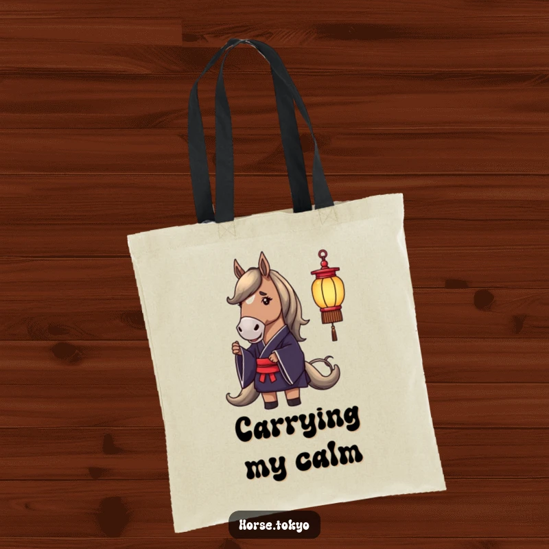Funny tote bag showcasing a dignified horse in a dark silk kimono holding a delicate lantern, ready for adventure.