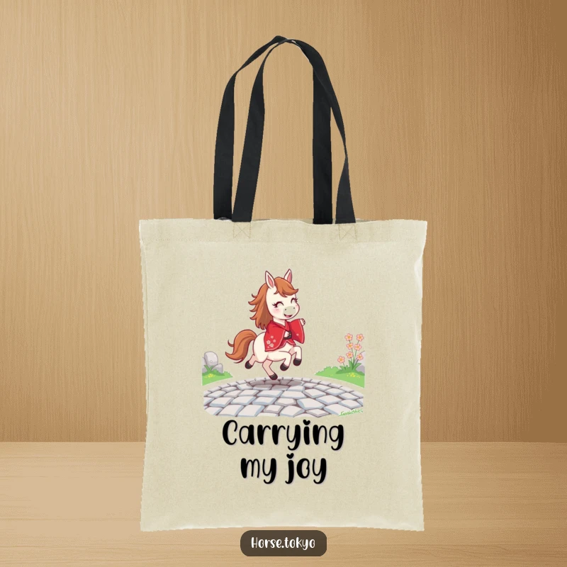 Funny joyful horse in a red kimono, prancing on a cobblestone path, on a durable tote bag.