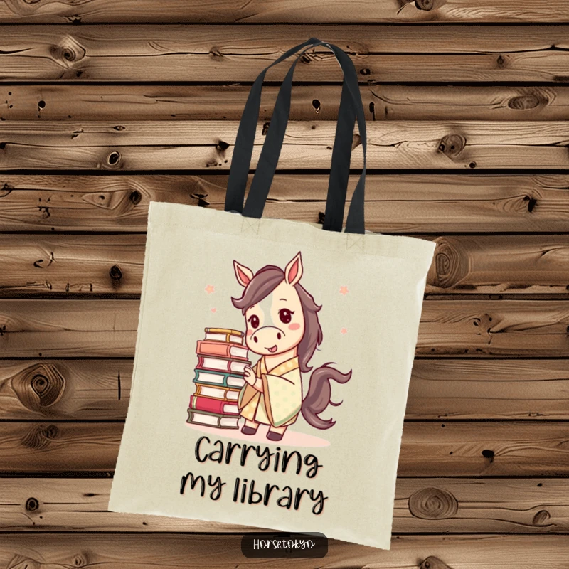 Funny mischievous horse in a patterned kimono, balancing a stack of books, on a durable tote bag.