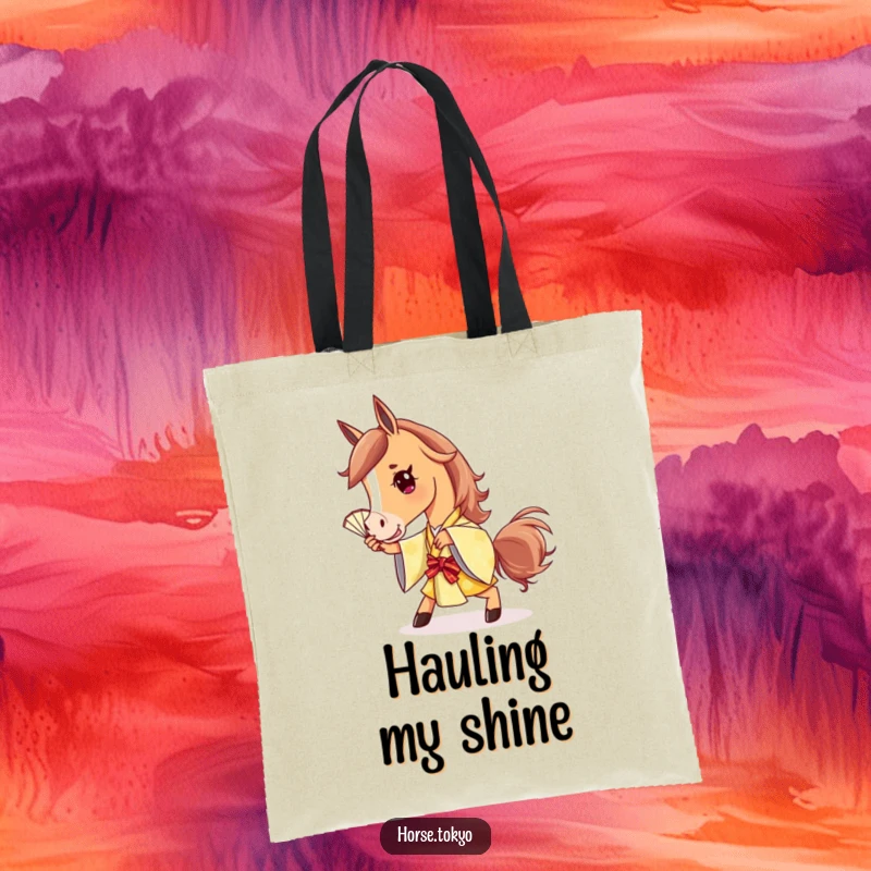 Funny horse tote bag with a stylish character in a golden kimono striking a playful pose with a fan.