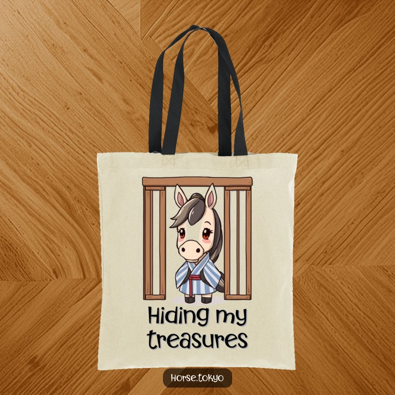 Funny horse tote bag with a character in a striped kimono curiously peeking from behind a sliding door.