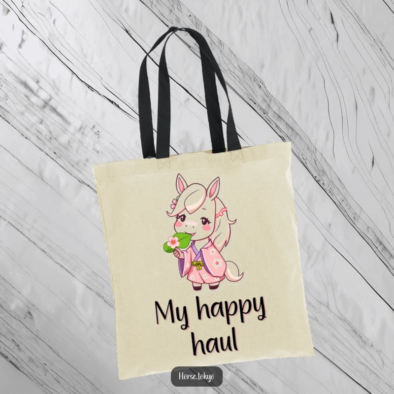 Funny horse tote bag with a happy character in a cherry blossom kimono, munching a leaf, showcasing cheerful style.